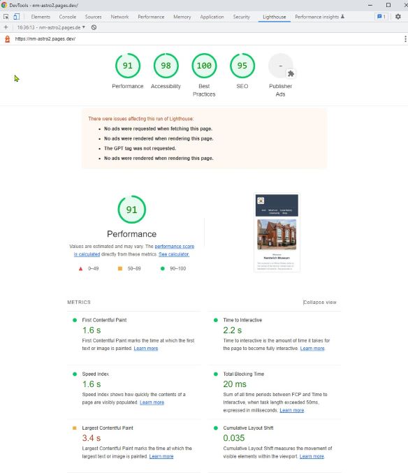 Lighthouse report current WordPress site