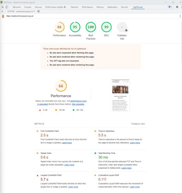 Lighthouse report current WordPress site